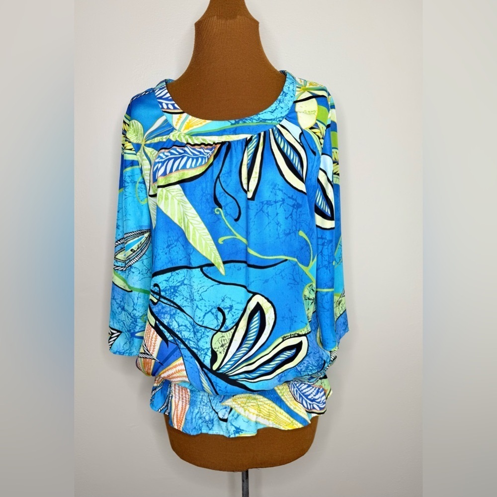 Chico's Smocked Blue and Green Leaf Print Blouse Size Small